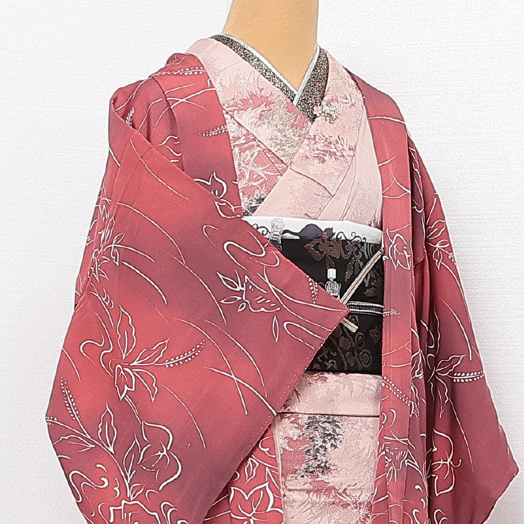 羽織 袷 身丈74cm 裄丈63cm 正絹 Sランク カジュアル Sサイズ ぼかし染 紐あり 植物柄 ピンク系 RP 1232-13900