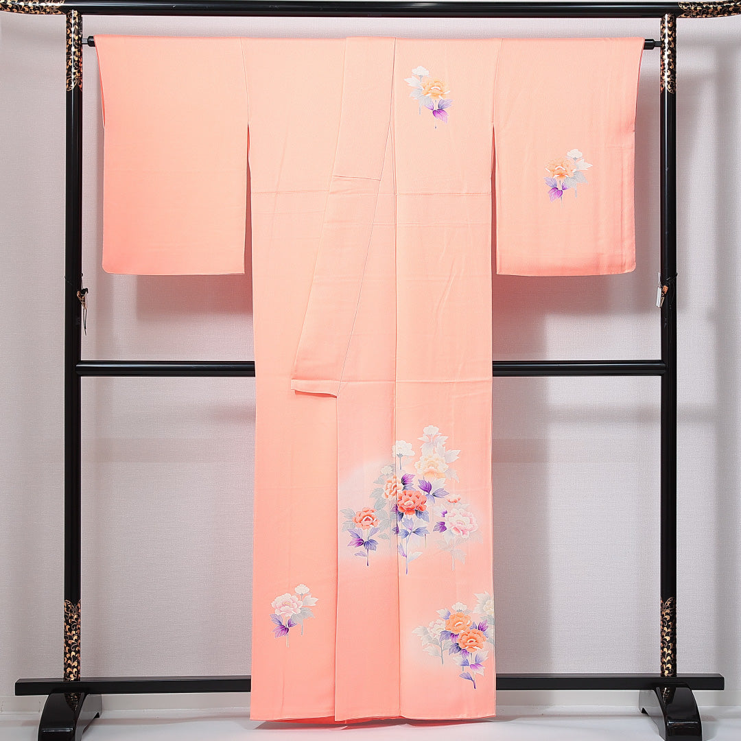 訪問着 袷 身丈159cm 裄丈65cm 正絹 Sランク Mサイズ 広衿 セミフォーマル 牡丹 朱系 1212-14956