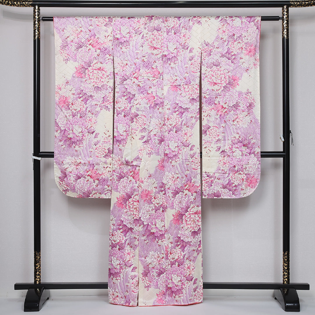 振袖 身丈162cm 裄丈62cm Aランク 袷 正絹 M 広衿 エレガント 吉祥文様 牡丹 花柄 紫系 1213-F0430