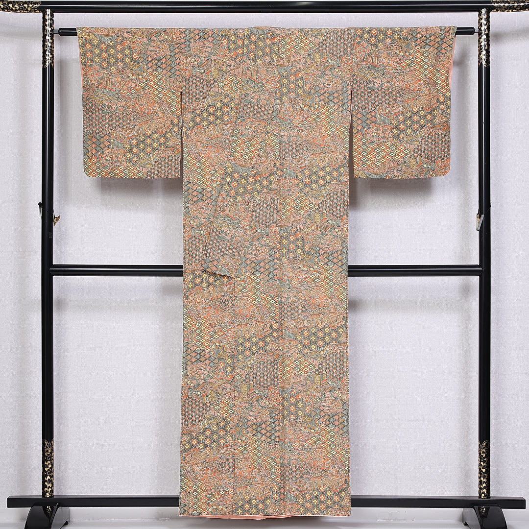 小紋 袷 身丈155cm 裄丈64cm 正絹 Sランク インフォーマル 広衿 Mサイズ 御所車 金系 RP 1221-10176