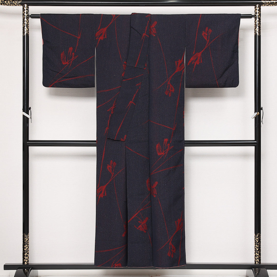 アンティーク お召 袷 身丈152cm 裄丈62cm 正絹 Aランク 広衿 Sサイズ 創作柄 紺系 RP 1222-13678