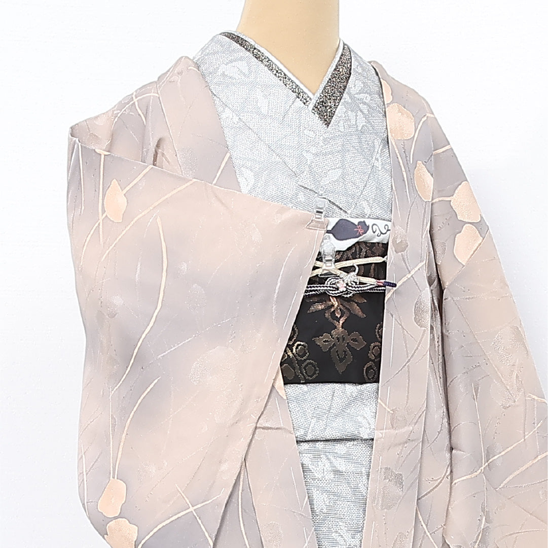 羽織 袷 身丈76cm 裄丈62cm 正絹 Sランク カジュアル Sサイズ ぼかし染 紐あり 植物柄 ベージュ系 RP 1232-12091