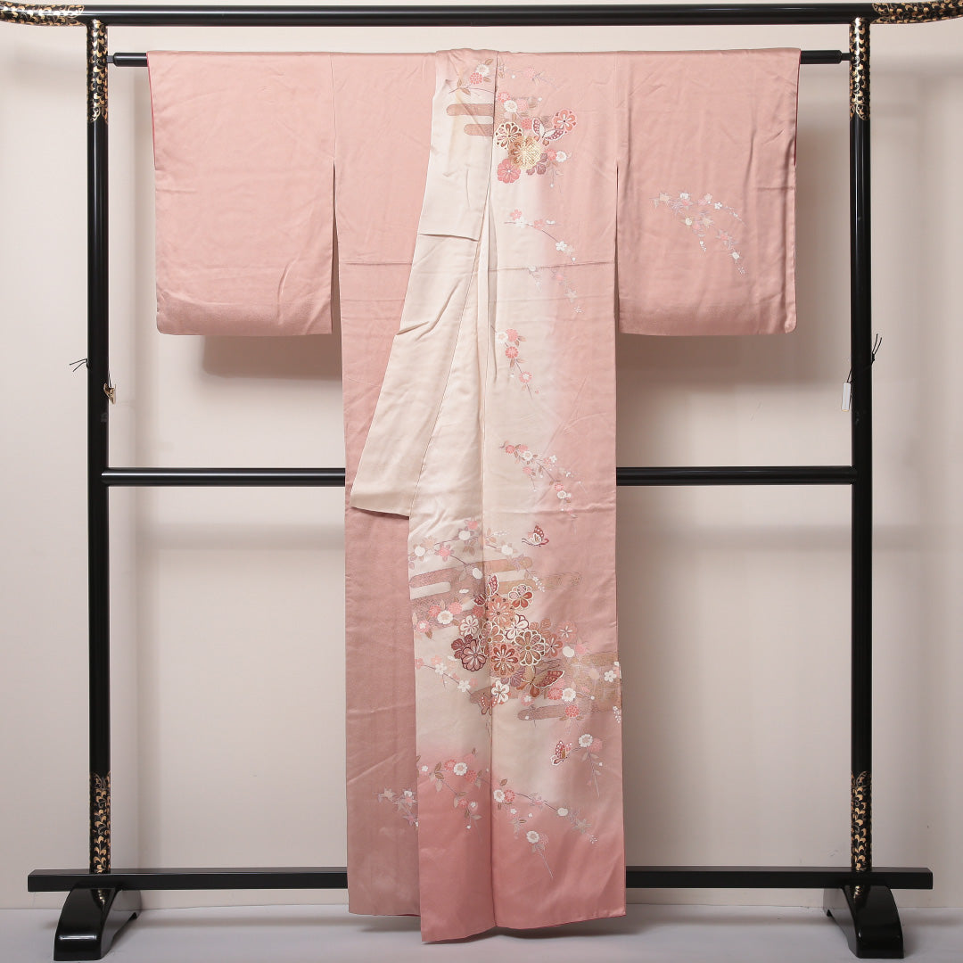 訪問着 袷 身丈155~159cm 裄65cm 正絹 花や蝶 金彩 エ霞 ピンク系 Aランク 1212-00598