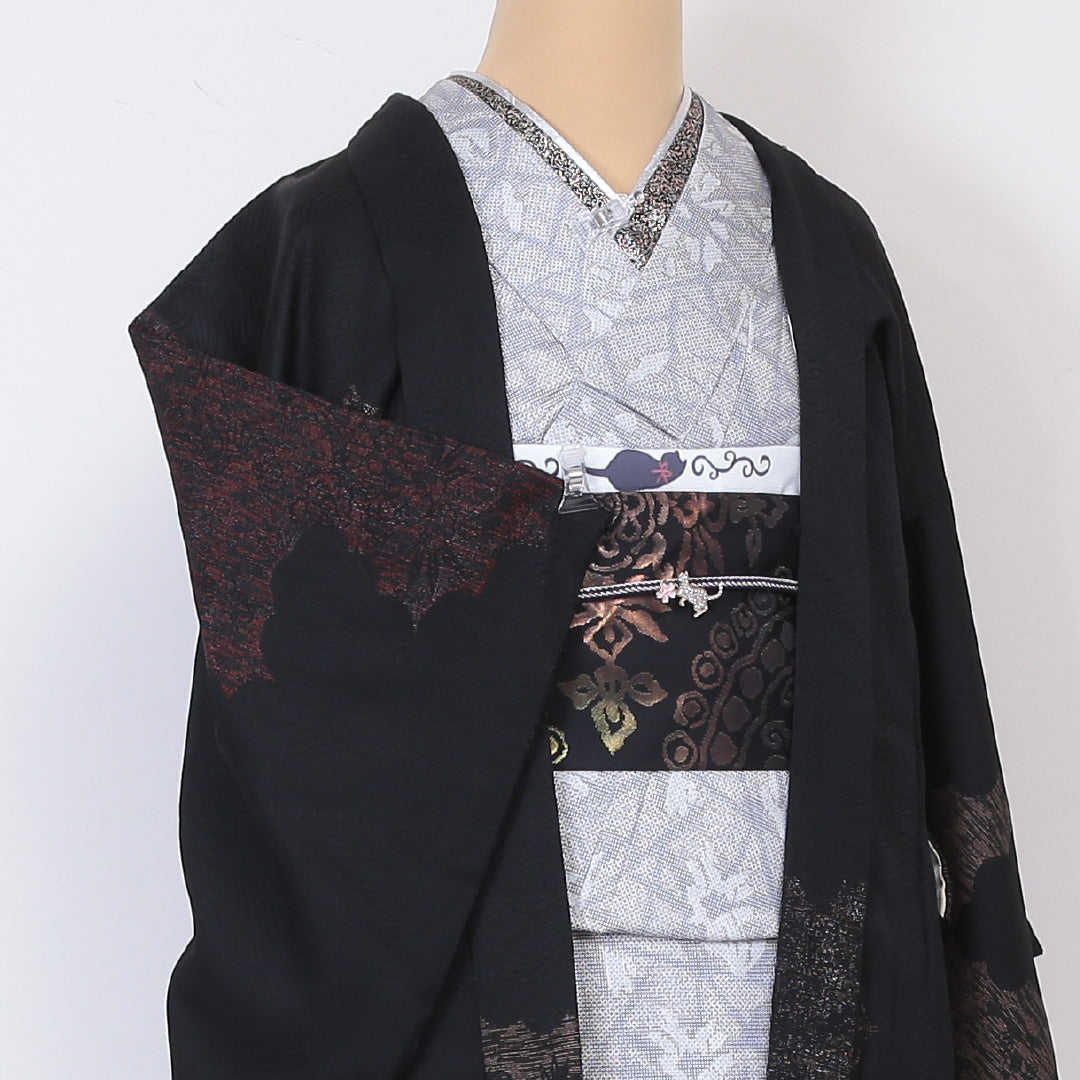 黒羽織 袷 身丈78cm 裄丈62cm 正絹 Aランク 一つ紋 (五三桐) セミフォーマル Sサイズ 道長取り 黒系 RP 1233-05943