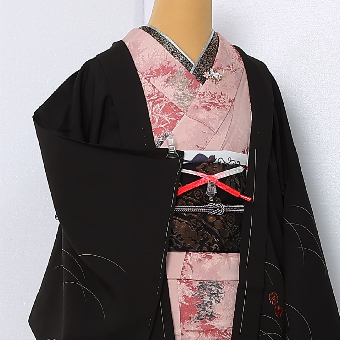 黒羽織 袷 身丈83cm 裄丈64cm 正絹 Cランク インフォーマル Mサイズ 紐あり 鼓 芝草 菊 黒系 LP 1233-12928