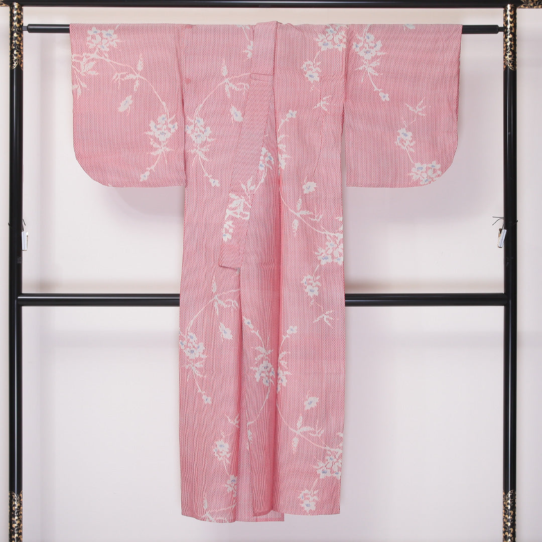 紬 夏紬 身丈140cm 裄62cm 正絹 ボタニカル 赤系 Bランク 1216-00976