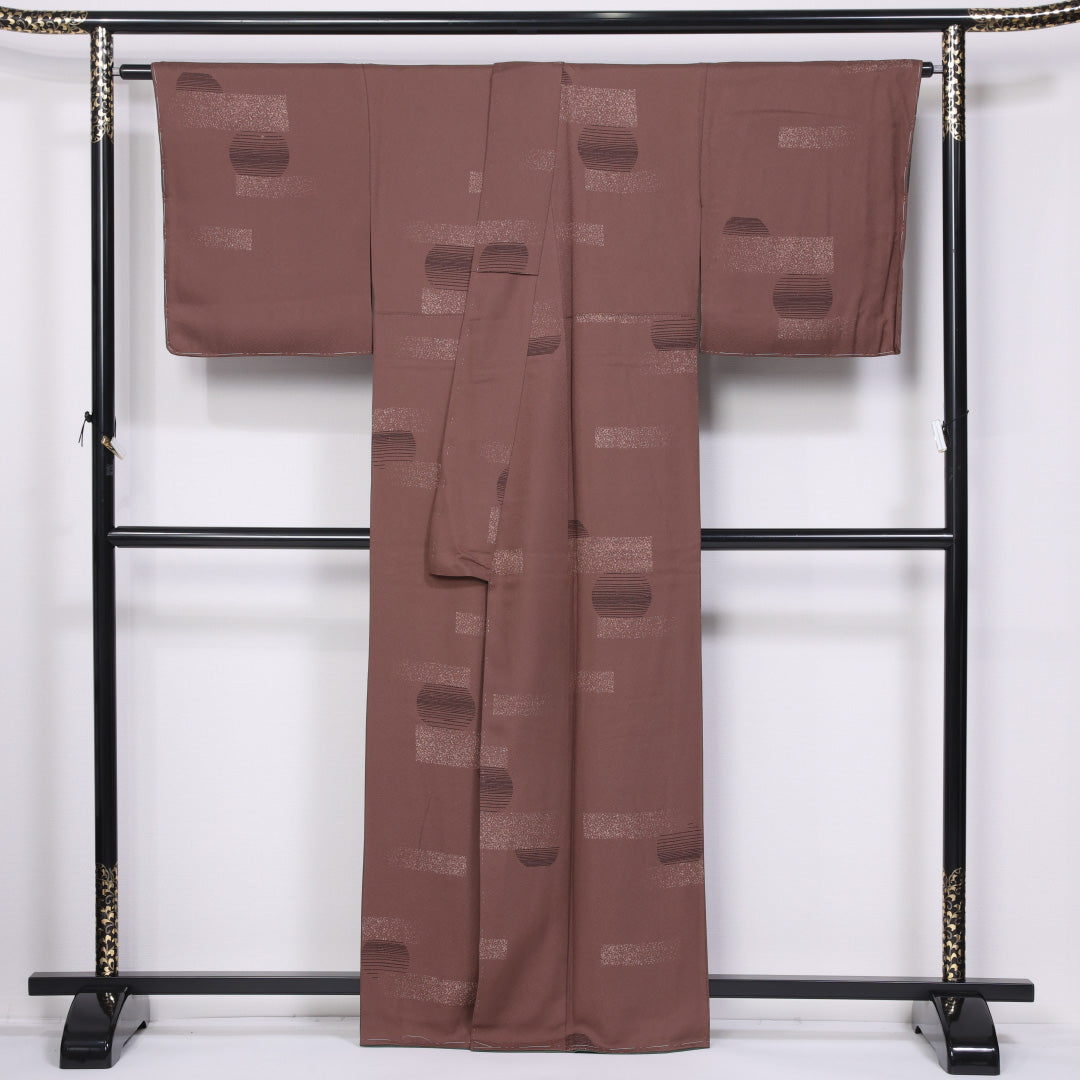 小紋 袷 身丈160cm 裄丈67cm 正絹 Aランク インフォーマル 広衿 Lサイズ 創作柄 茶系 RP 1221-11493