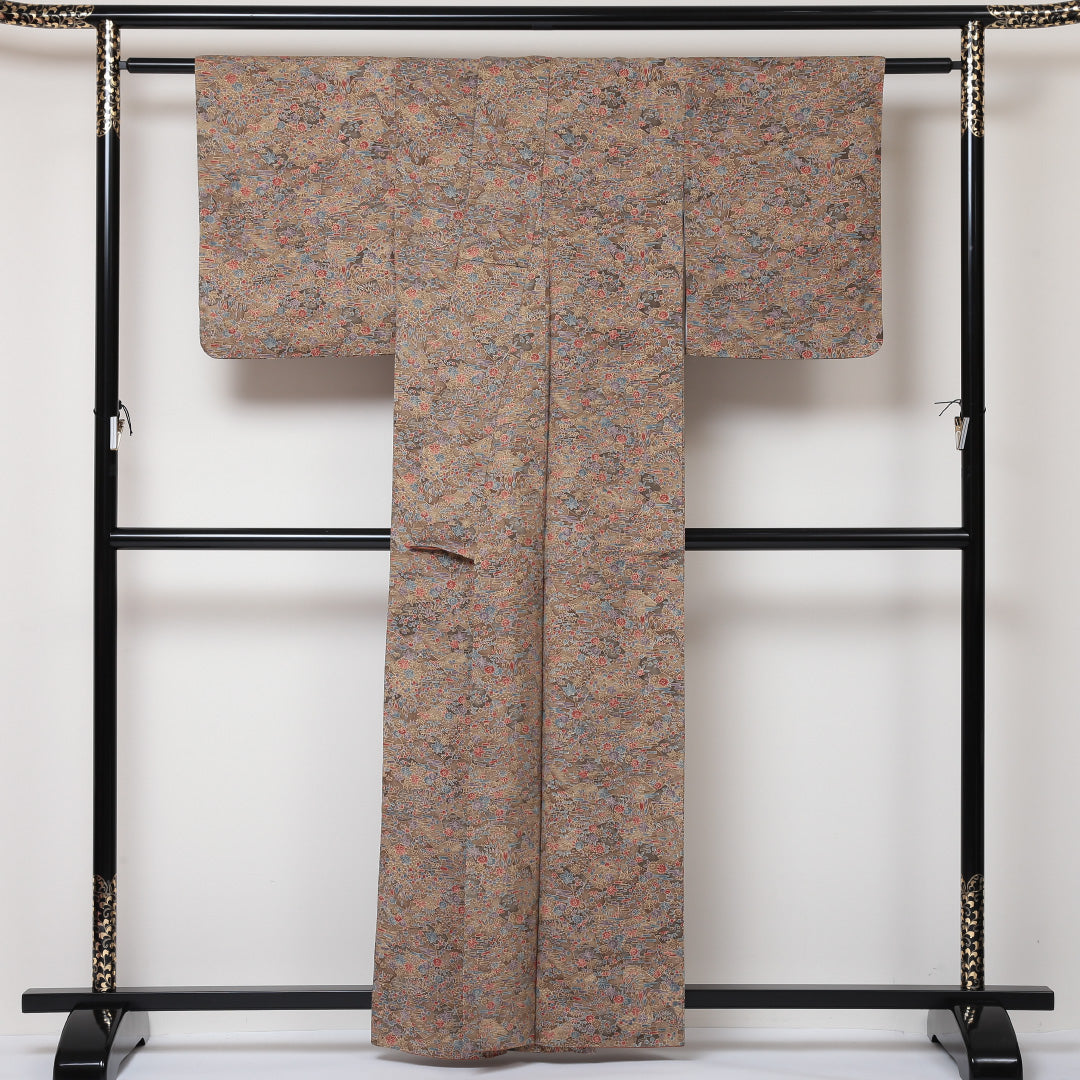 小紋 袷 身丈159cm 裄63cm 茶系 型染め 花柄 紅葉 正絹 Aランク 1215-01602-3314