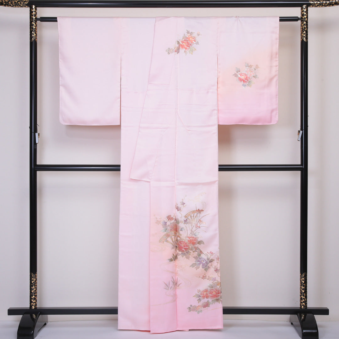 訪問着 袷 身丈160~164cm 裄63cm 正絹 和重 牡丹 流水 作家物 ぼかし ピンク系 画 Sランク 1212-00547