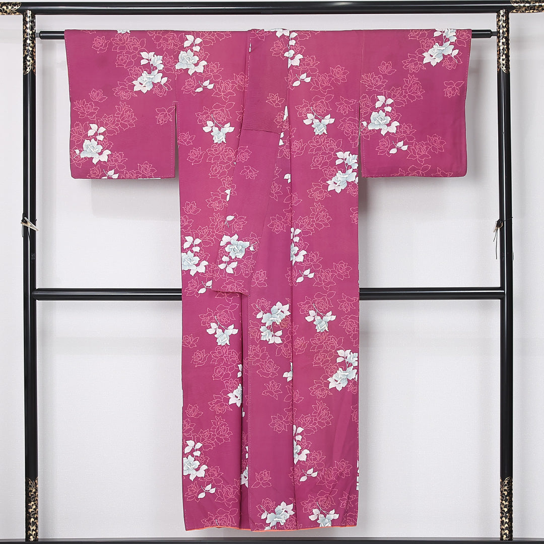アンティーク 小紋 袷 身丈146cm 裄丈62cm 正絹 Bランク 広衿 XSサイズ 薔薇 紫系 M4 1221-12478