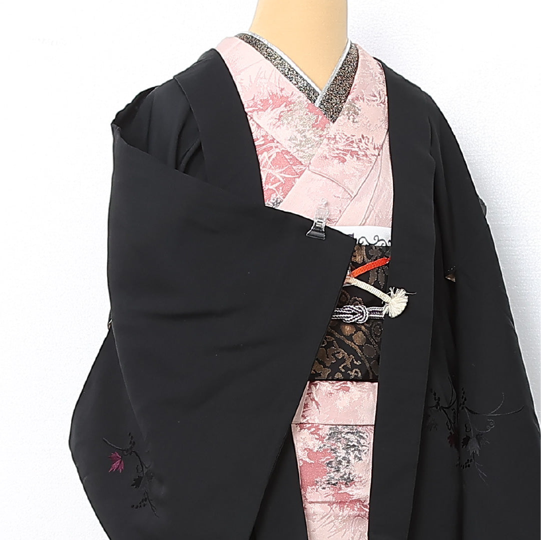 黒羽織 袷 身丈81cm 裄丈65cm 正絹 Sランク 一つ紋 (下り藤) セミフォーマル Mサイズ 紐あり 葡萄 黒系 RP 1233-12736