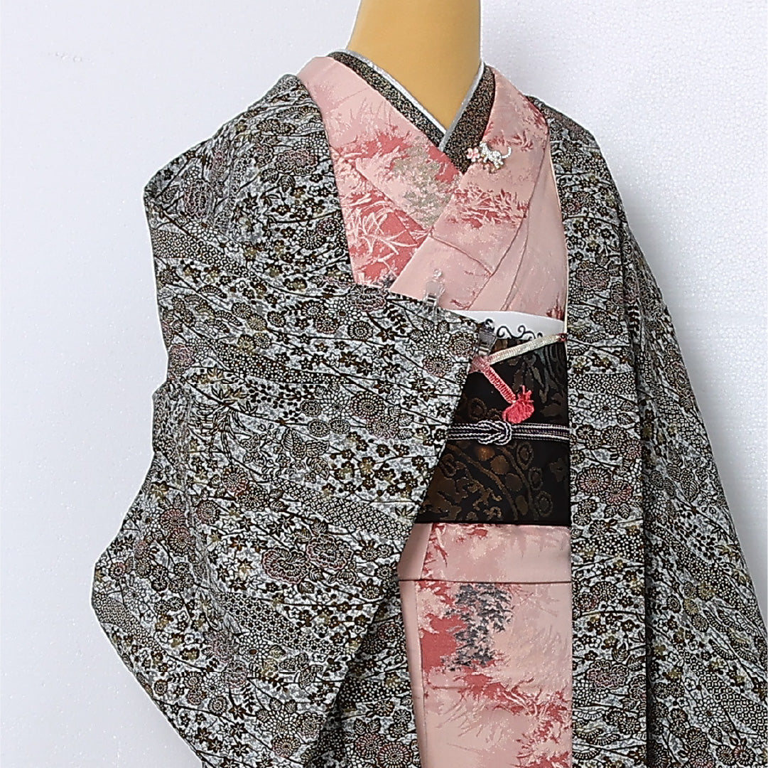 アンティーク 羽織 袷 身丈76cm 裄丈62cm 正絹 Aランク Sサイズ 紐あり 菊 楓 グレー系 M4 1232-12862