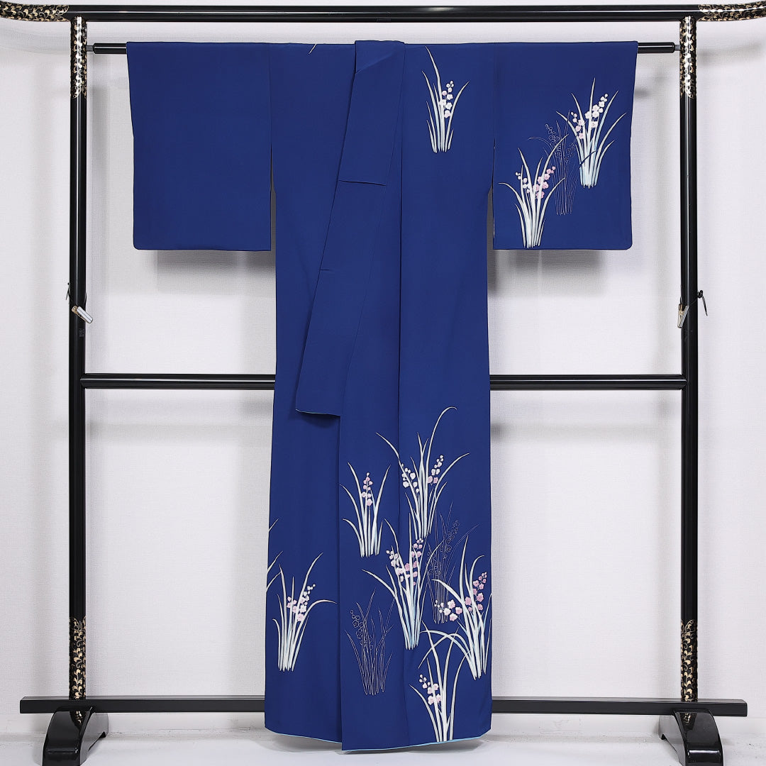 付下げ 袷 身丈157cm 裄丈63cm 正絹 Sランク インフォーマル 広衿 Mサイズ 花柄 紺系 RP 1218-10361
