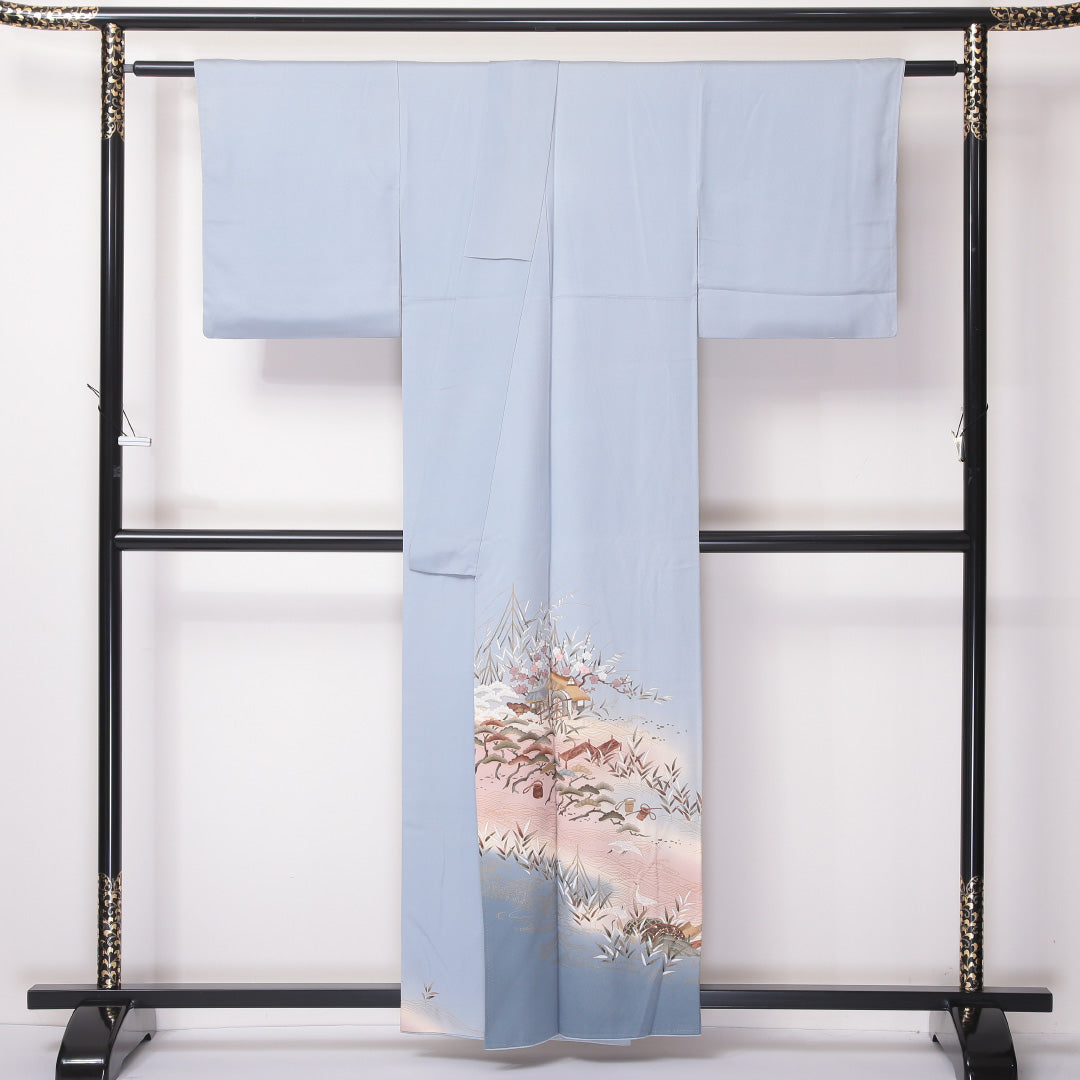 色留袖 袷 身丈157cm 裄64cm 正絹 一つ紋 鶴 梅 金彩 笠松 丸に剣片喰 水色系 Cランク 1211-00152