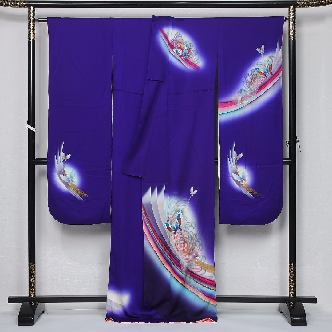 振袖 身丈167cm 裄丈68.5cm Sランク 袷 正絹 M 広衿 モダン ぼかし 蝶 吉祥文様 青系 1213-F0431