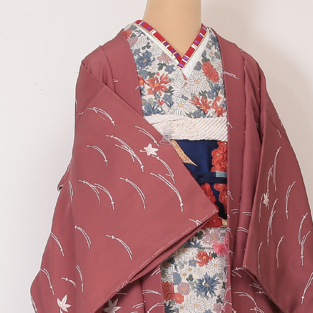 羽織 袷 身丈83cm 裄丈64cm 正絹 Sランク カジュアル Mサイズ 紅葉 茶系 RP 1232-05794