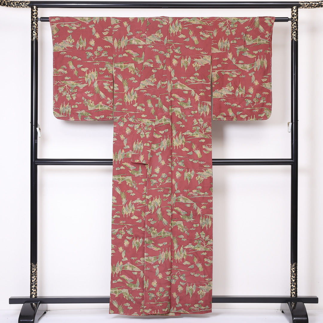 小紋 袷 身丈159cm 裄丈65cm 正絹 Aランク インフォーマル 広衿 Mサイズ 茶屋辻 赤系 RP 1221-01885