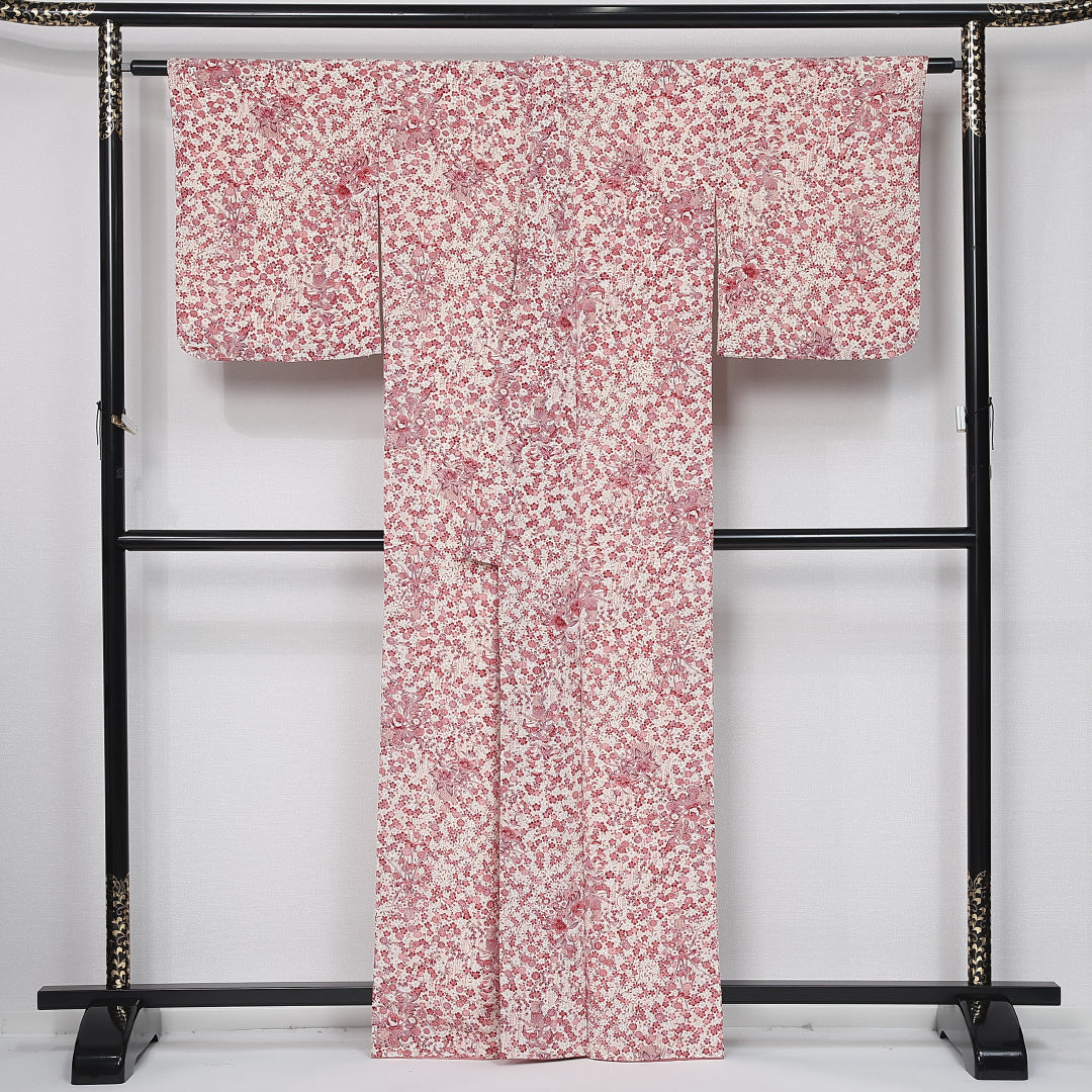 小紋 袷 身丈163cm 裄丈66cm 正絹 Aランク インフォーマル バチ衿 Lサイズ 菖蒲 ピンク系 HP 1221-11981
