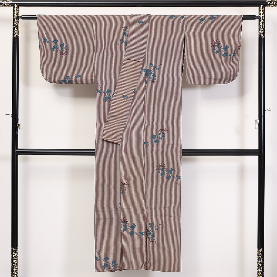 アンティーク 小紋 単衣 身丈146cm 裄61.5cm 正絹 菊 居敷当て 刺繍 縞 茶系 Cランク 1215-02305