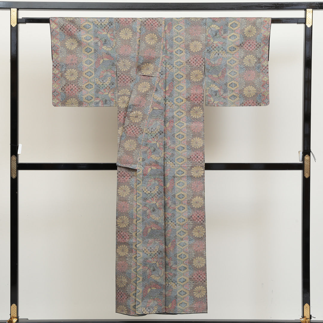 小紋 袷 身丈147cm 裄丈62cm 正絹 Sランク インフォーマル 広衿 XSサイズ 花鳥文 吉祥文様 青系 RP 1221-00967