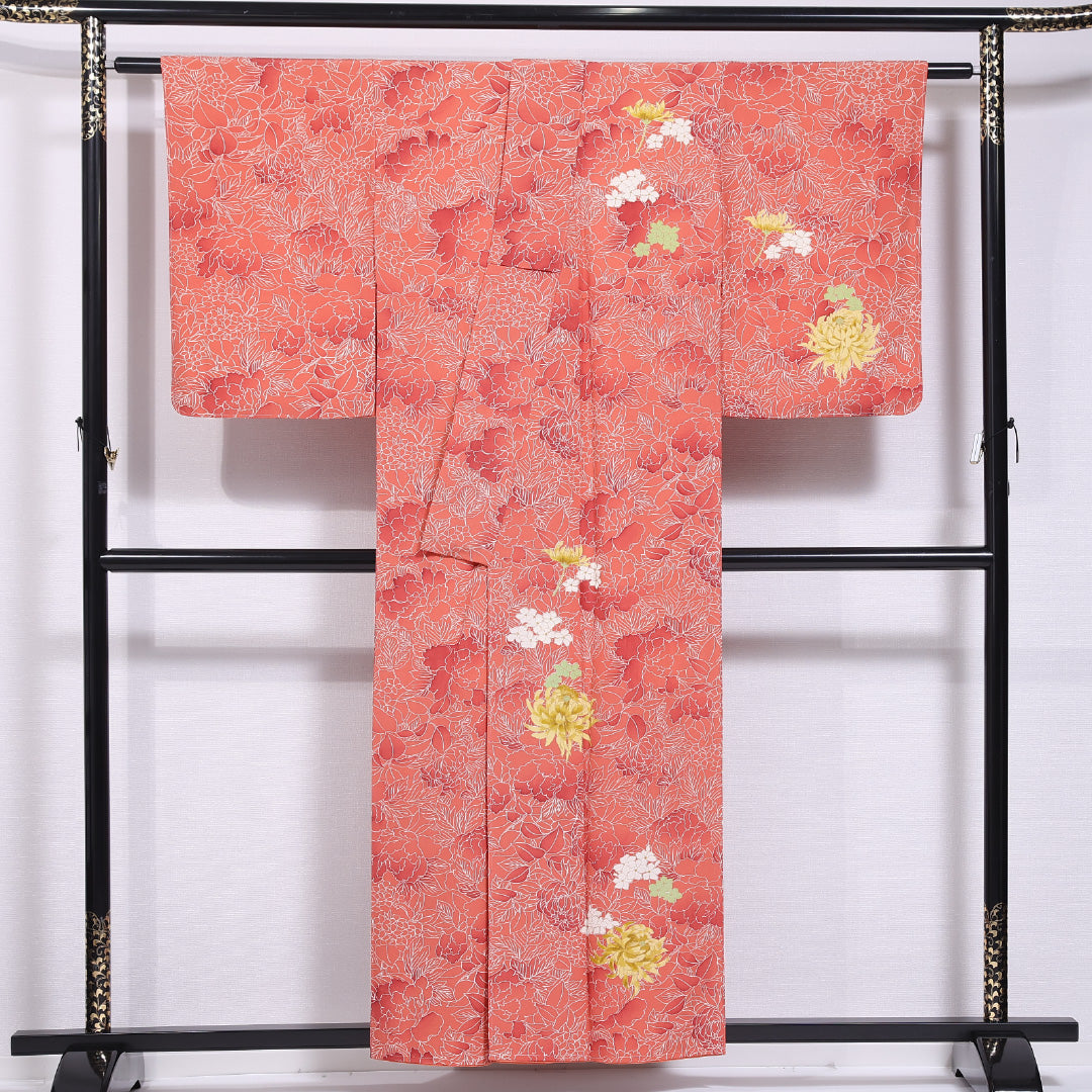 付下げ 袷 身丈155cm 裄丈62cm 正絹 Sランク インフォーマル 広衿 Mサイズ 紫陽花 朱系 RP 1218-11646
