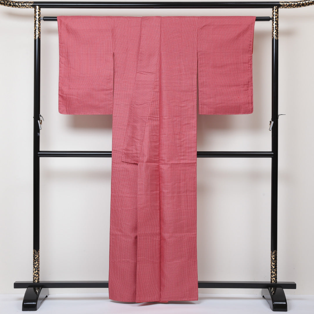紬 袷 身丈161cm 裄丈64cm 正絹 Aランク カジュアル 広衿 Lサイズ 蚊絣 ピンク系 RP 1223-03000