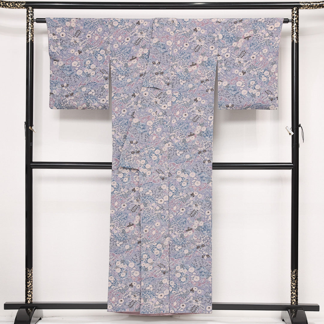 小紋 袷 身丈156cm 裄丈63cm 正絹 Sランク インフォーマル 広衿 Mサイズ 花柄 紫系 RP 1221-13394