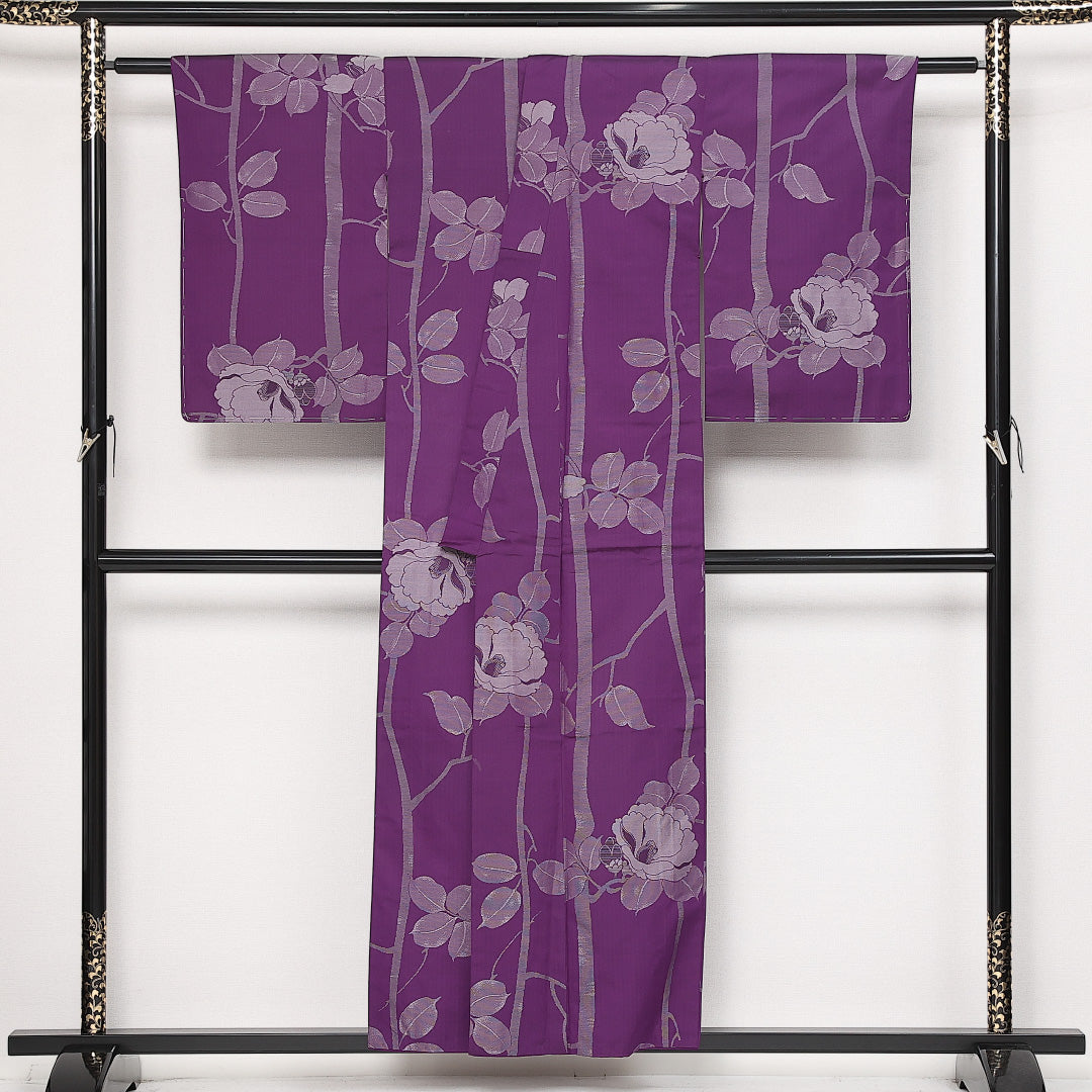 アンティーク お召 袷 身丈148cm 裄丈61cm 正絹 Aランク バチ衿 XSサイズ 芙蓉 紫系 RP 1222-13649