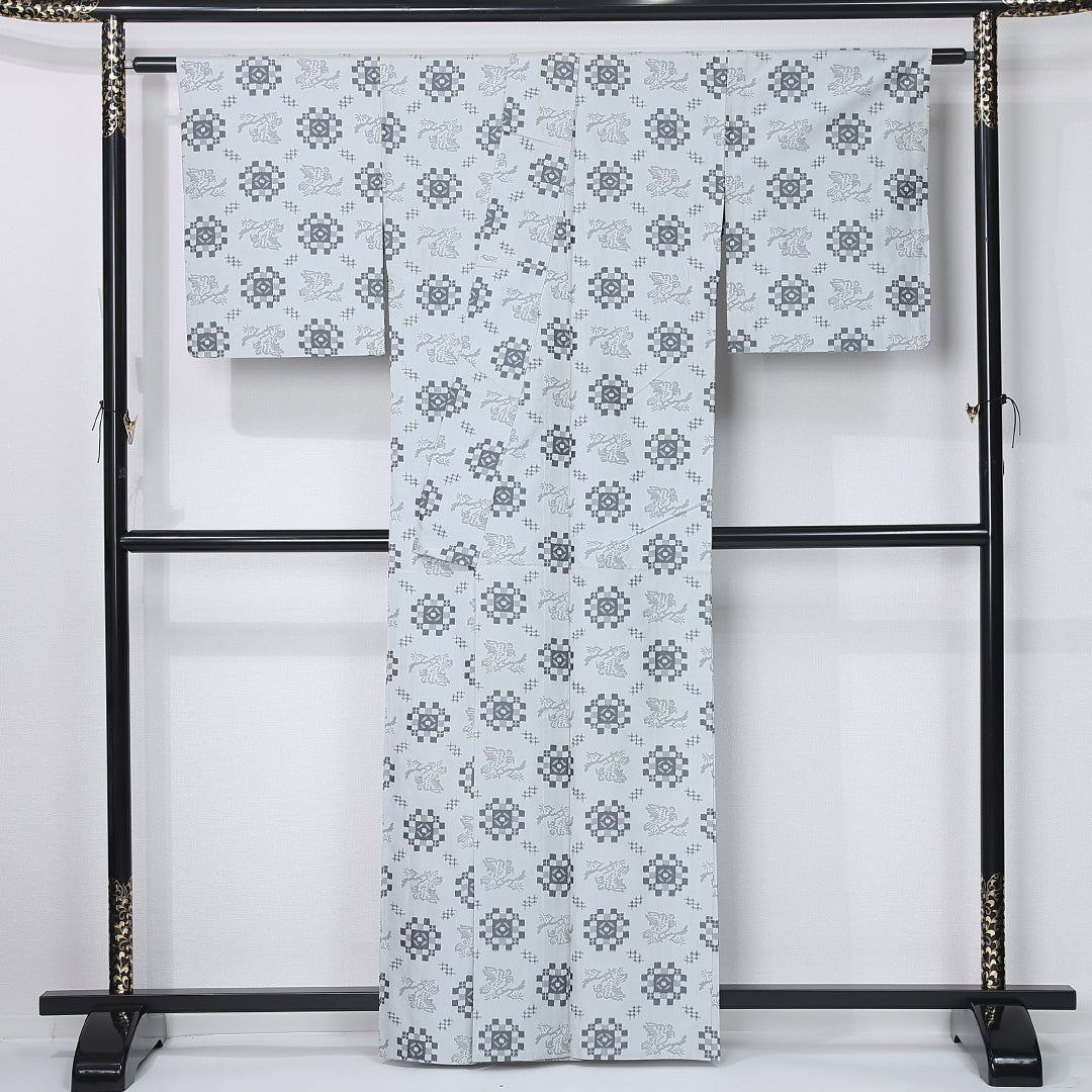 紬 単衣 身丈161cm 裄丈64cm 正絹 Bランク カジュアル 広衿 Lサイズ 雀 グレー系 HP 1223-12309