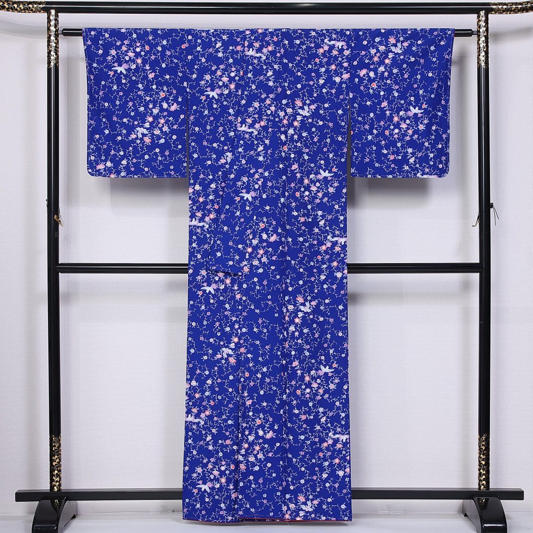 小紋 身丈160cm 裄丈64.5cm L ポリエステル Sランク 袷 洗える着物 広衿 唐草 桜 1215-10820