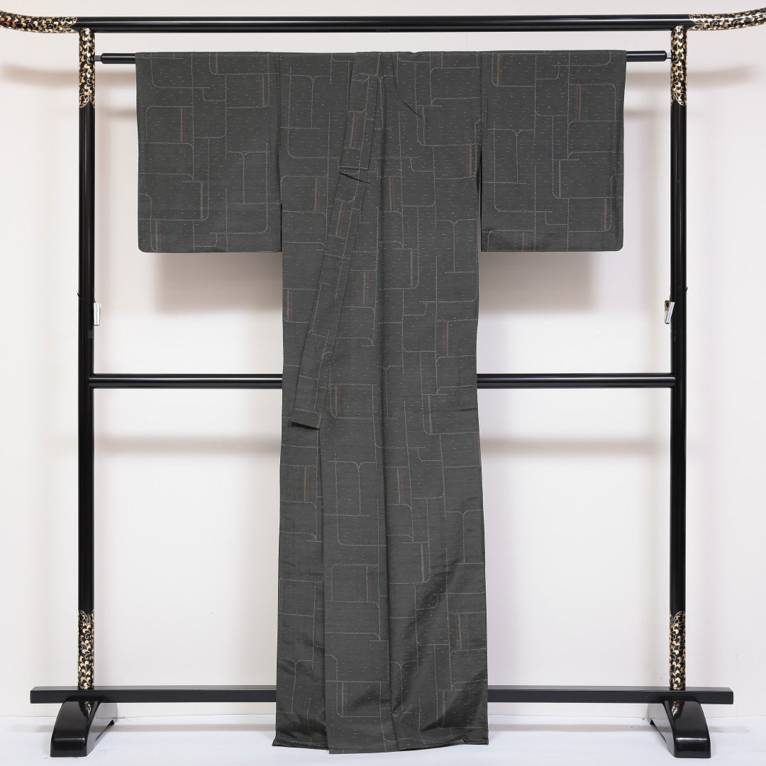 紬 袷 身丈166cm 裄67.5cm 正絹 緑系 Sランク 1216-00712-2519