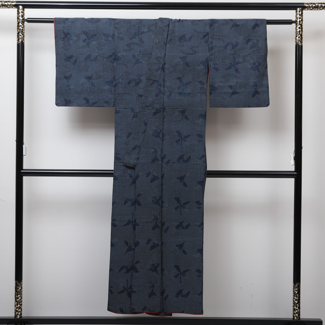 洗える着物 小紋 袷 身丈147cm 裄丈60cm ポリエステル Sランク インフォーマル バチ衿 XSサイズ 幾何学柄 紺系 RP 1221-01320