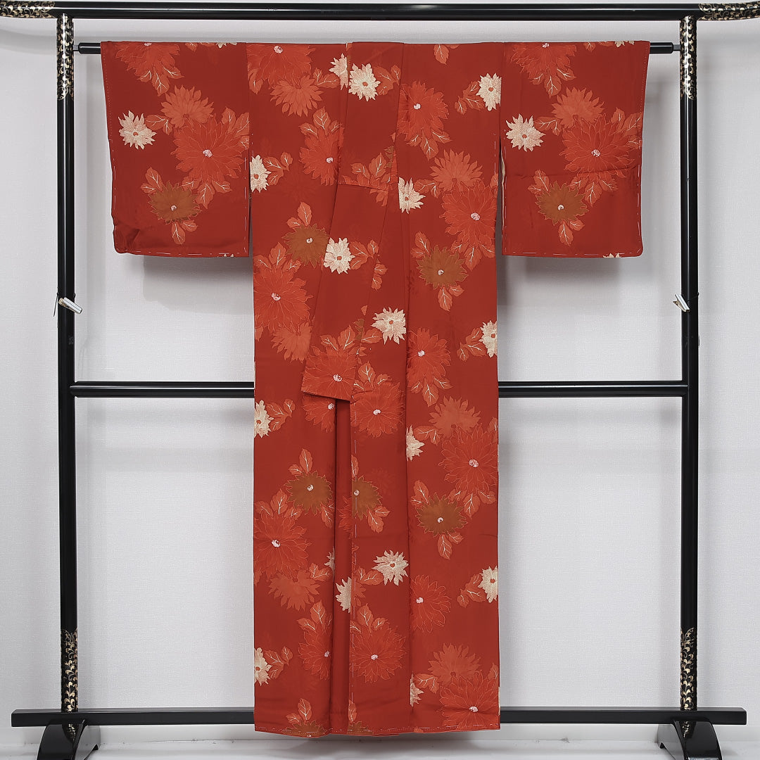 小紋 袷 身丈157cm 裄丈63cm 正絹 Sランク インフォーマル 広衿 Mサイズ 花柄 芍薬 赤系 RP 1221-11977