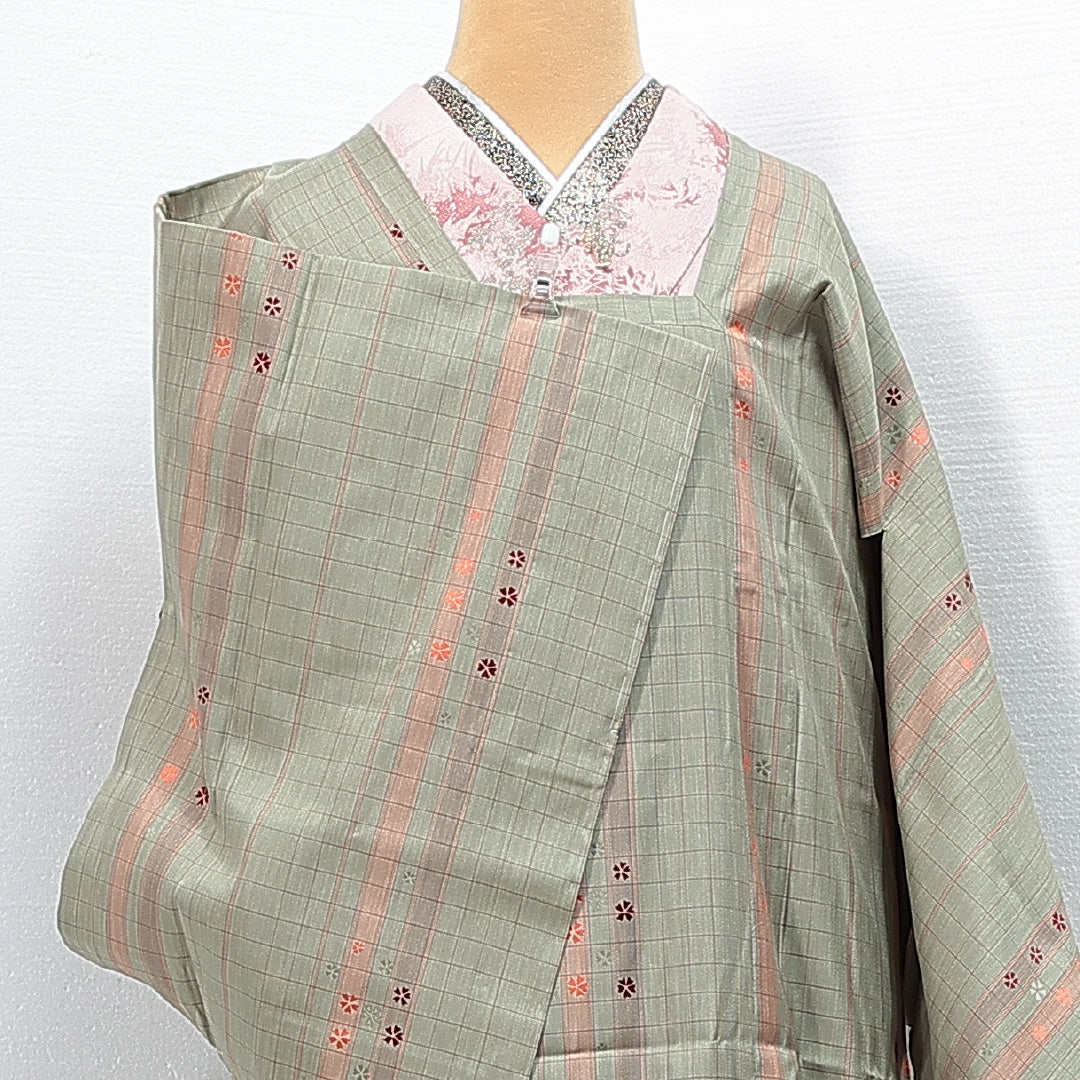 道行コート 袷 身丈132cm 裄丈66cm 正絹 Sランク Mサイズ インフォーマル ポケットあり 格子 桜 緑系 1263-14846