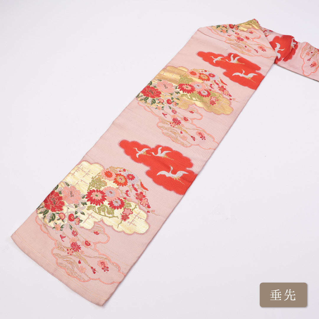 アンティーク 九寸名古屋帯 Cランク 帯丈322cm 正絹 六通 名古屋仕立て 織り 鶴 雲取り 菊 ピンク系 LP 1245-00882