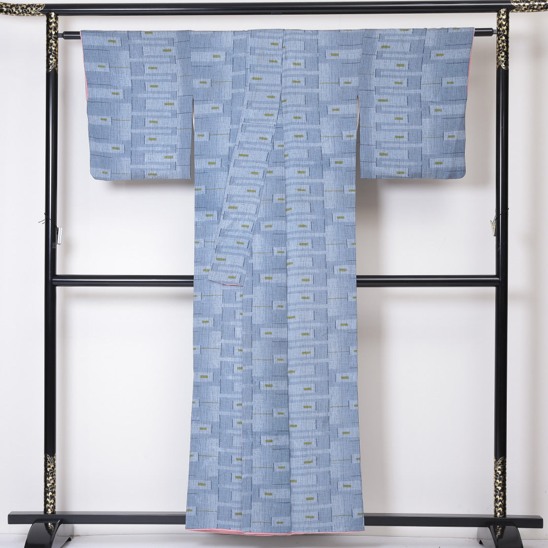 小紋 袷 身丈156cm 裄丈66cm 正絹 Aランク インフォーマル 広衿 Mサイズ 幾何学柄 水色系 RP 1221-01847