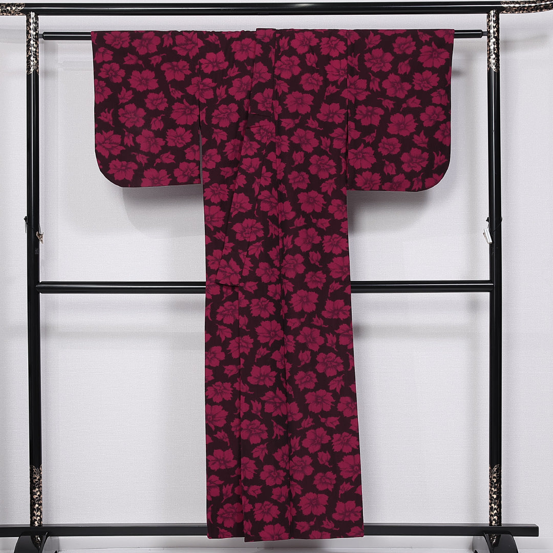 紬 単衣 身丈150cm 裄丈63cm 正絹 Sランク カジュアル 広衿 Sサイズ 肩当て 花柄 黒系 RP 1223-11286