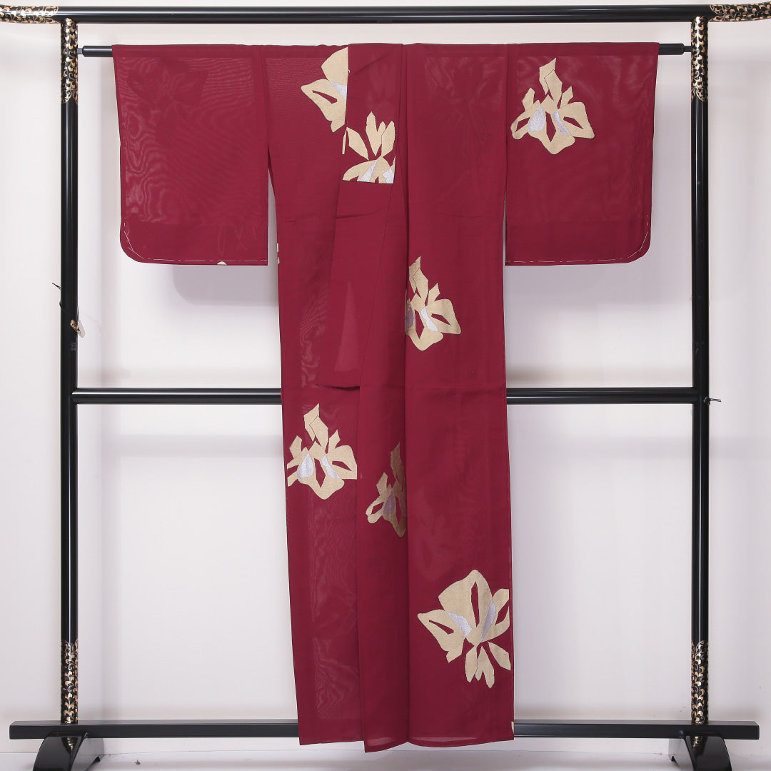 小紋 紗 身丈154cm 裄65.5cm 正絹 切嵌 夏着物 赤系 Cランク 1215-02165