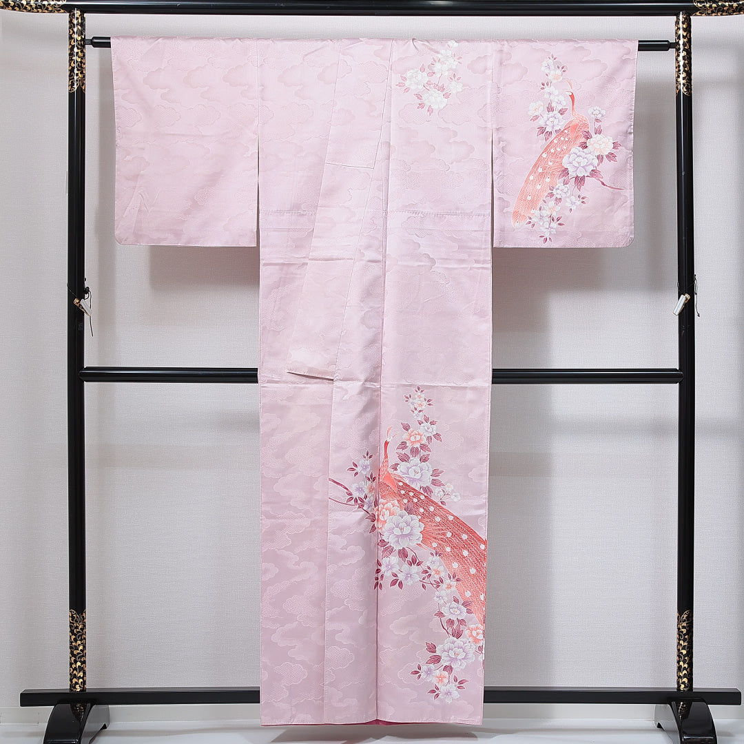 訪問着 洗える着物 袷 身丈155cm 裄丈65cm ポリエステル Cランク Mサイズ 広衿 セミフォーマル 孔雀 梅 紫系 1212-14989
