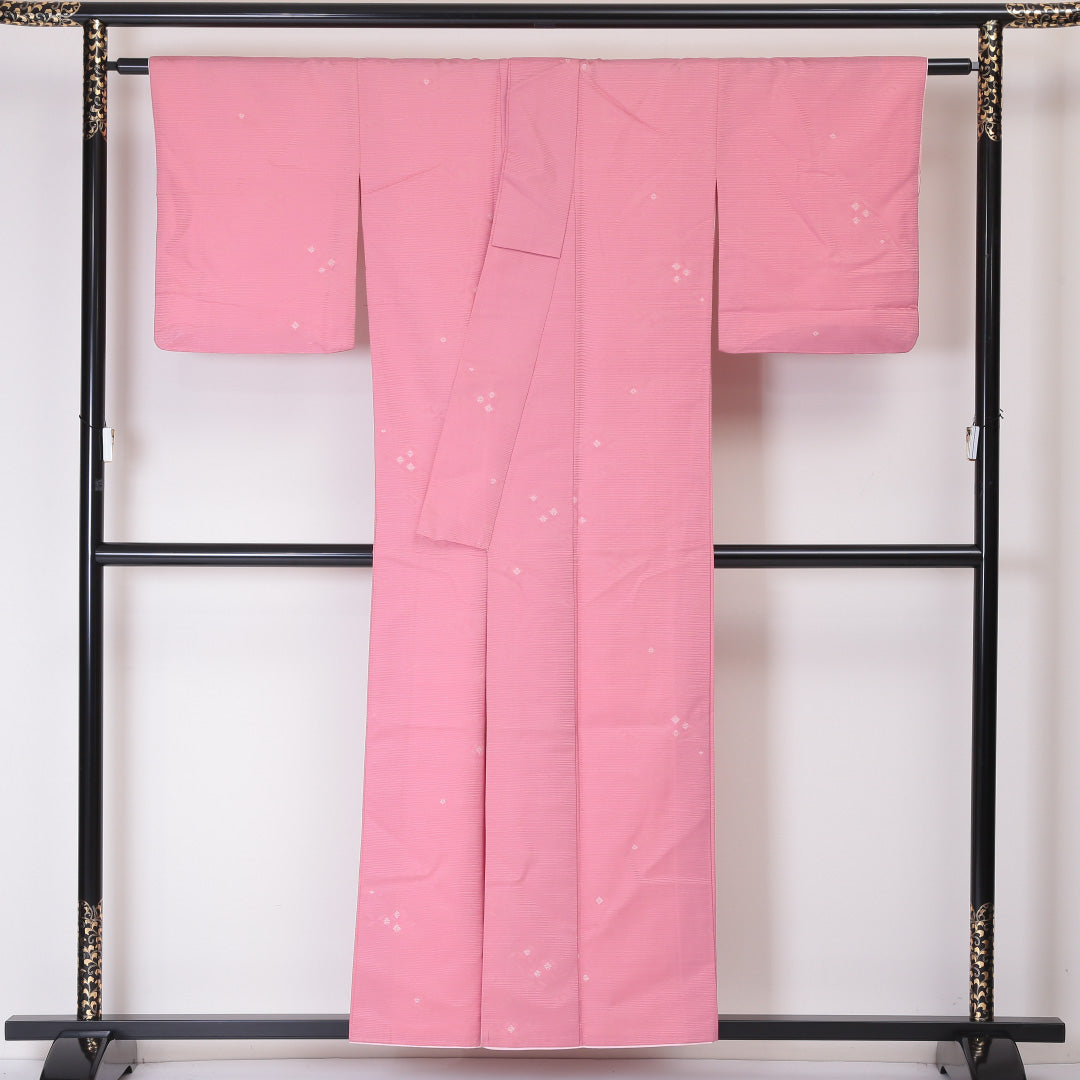 小紋 袷 身丈153cm 裄63cm ポリエステル 洗える着物 草花 ピンク系 ふくれ織 Aランク 1215-02061