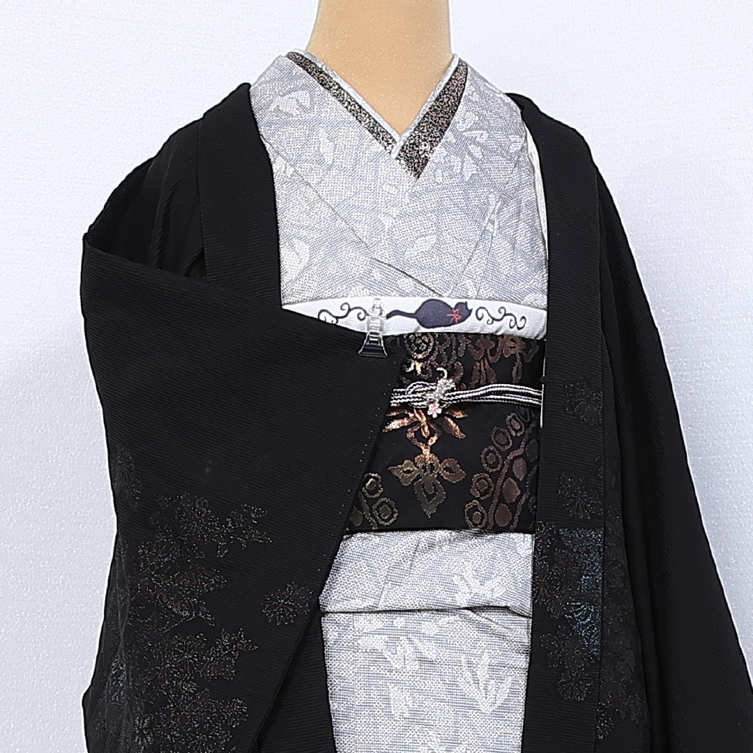 羽織 身丈76cm 裄丈61cm S 正絹 Aランク 袷 一つ紋 黒羽織 漆糸 オリエンタル 橘 絵羽羽織 1217-10240