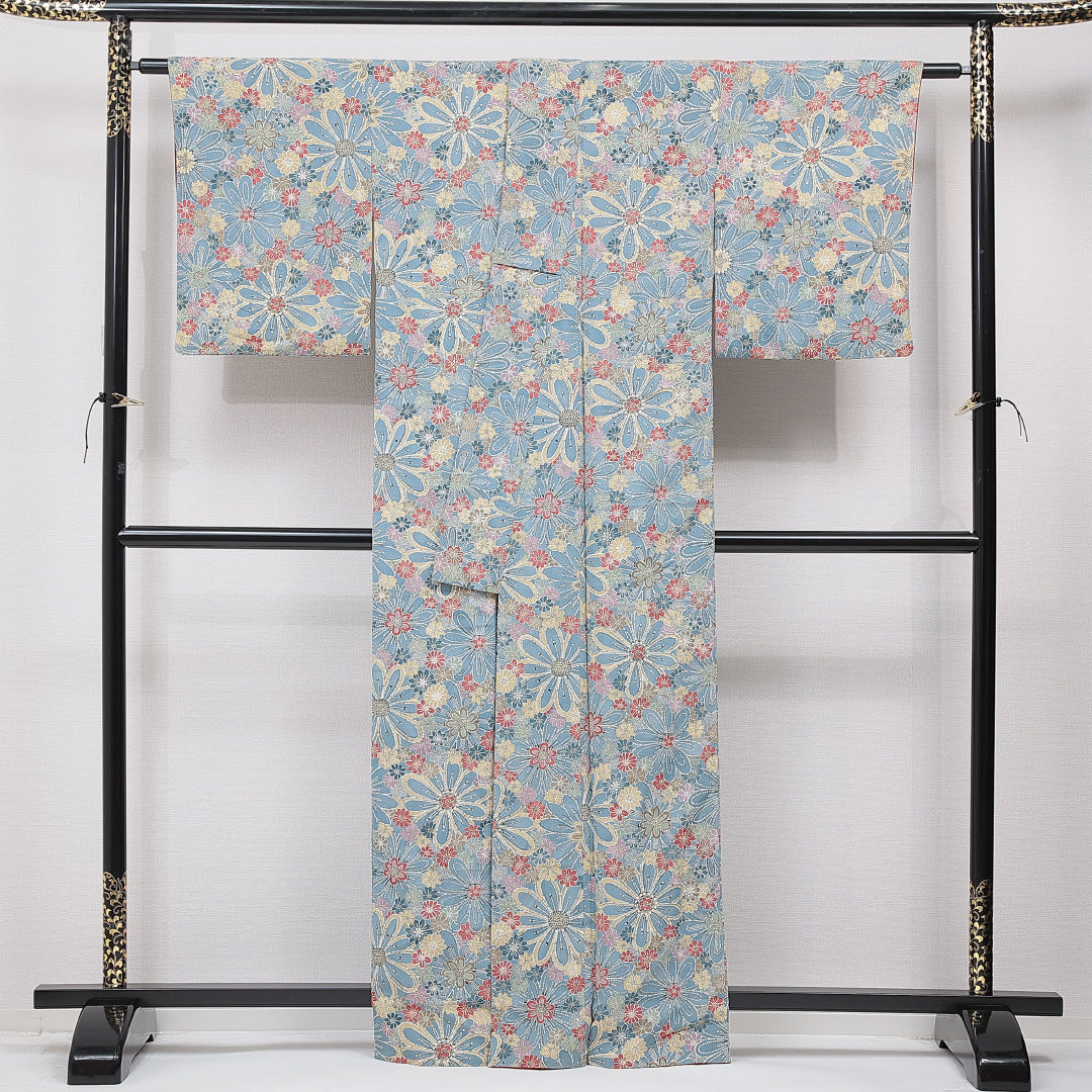 小紋 袷 身丈162cm 裄丈63cm 正絹 Aランク インフォーマル 広衿 Lサイズ 菊 水色系 HP 1221-15622