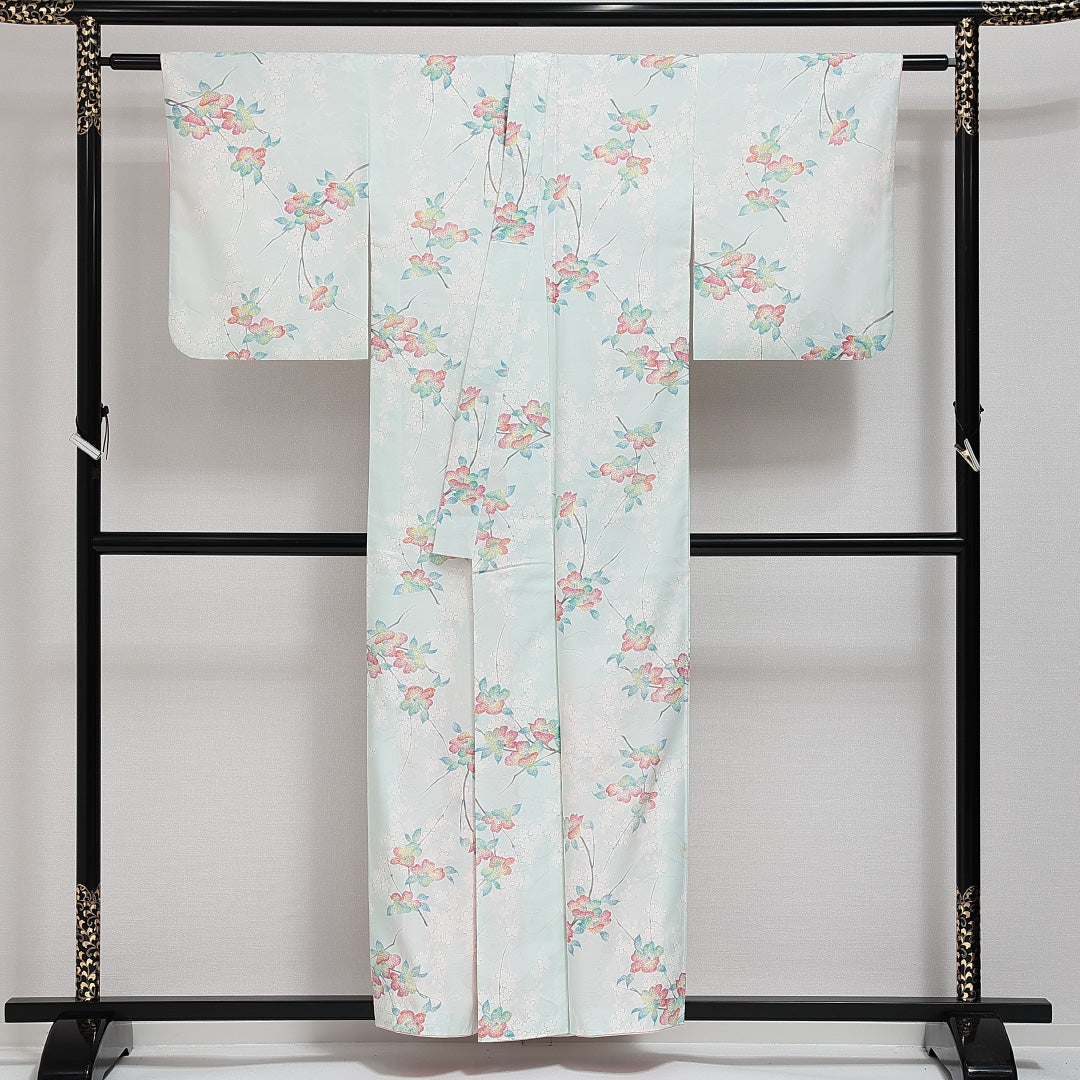 洗える着物 小紋 袷 身丈154cm 裄丈63cm ポリエステル Aランク インフォーマル バチ衿 Sサイズ 花柄 水色系 HP 1221-14284