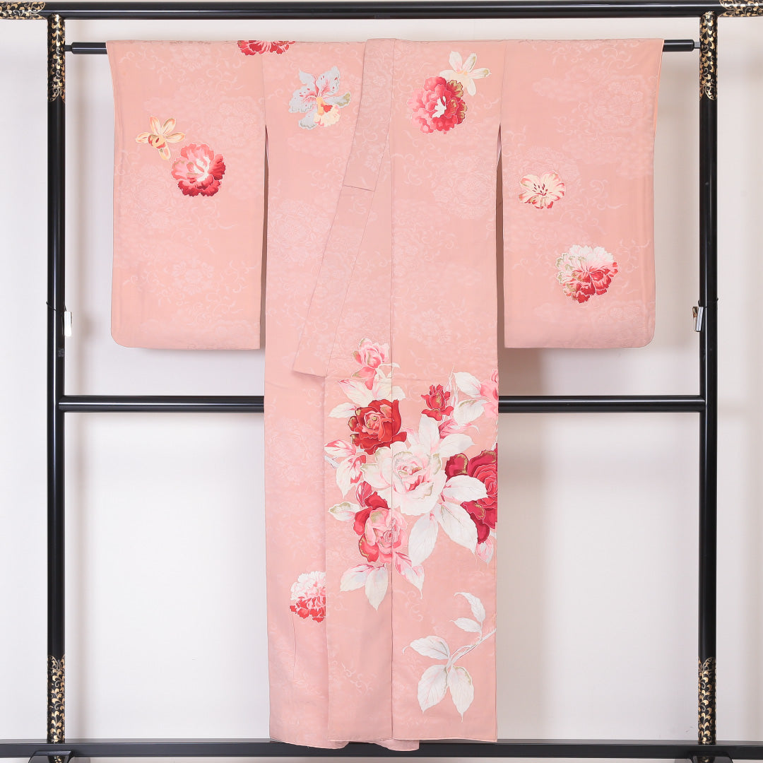 アンティーク 訪問着 袷 身丈148cm 裄丈66cm 正絹 Cランク 一つ紋 バチ衿 XSサイズ 金彩 薔薇 ピンク系 PO 1217-04493