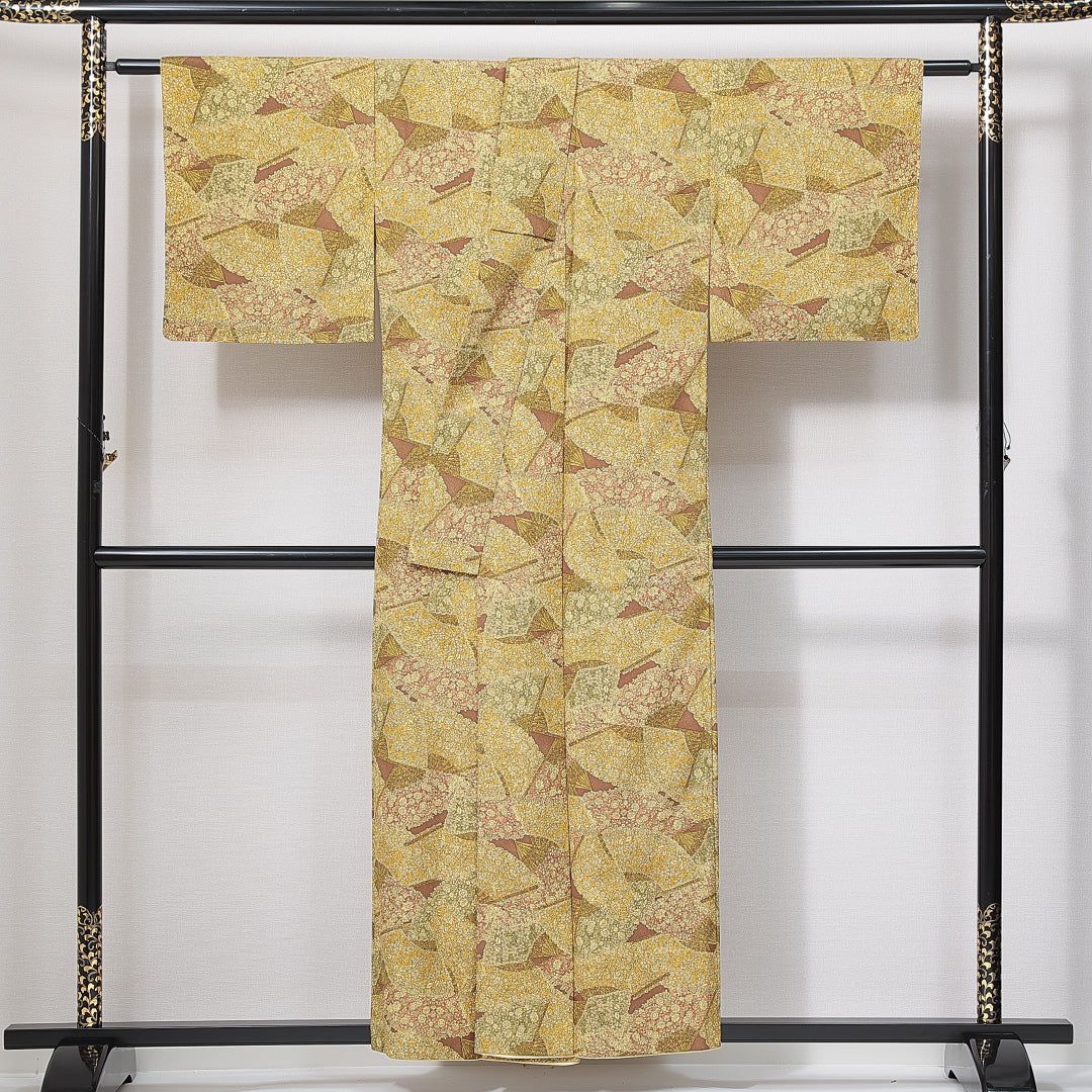 小紋 袷 身丈153cm 裄丈61cm 正絹 Sランク インフォーマル 広衿 Sサイズ 扇 花柄 黄系 RP 1221-14911