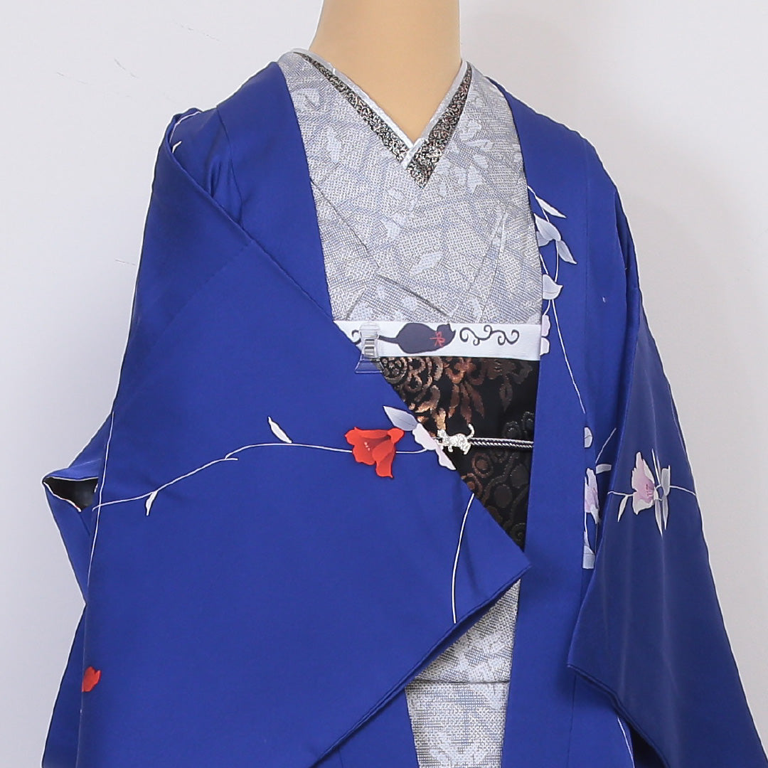 羽織 袷 身丈82cm 裄丈65cm 正絹 Sランク Mサイズ カジュアル 紐あり 植物柄 青系 1217-05935