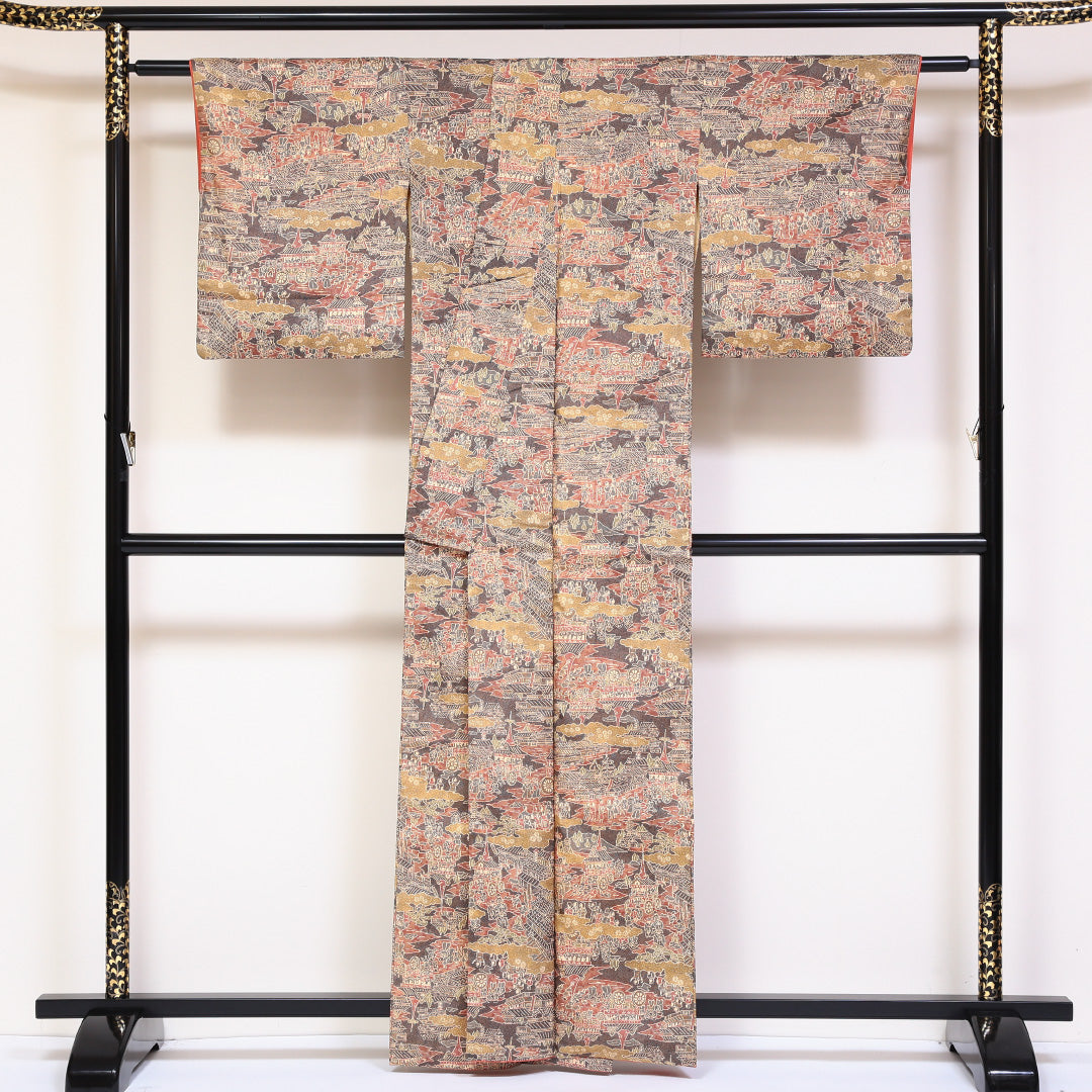小紋 袷 身丈161cm 裄丈66cm 正絹 Aランク インフォーマル 広衿 Lサイズ 京洛百景 鉾 鮫 多色系 RP 1221-01733