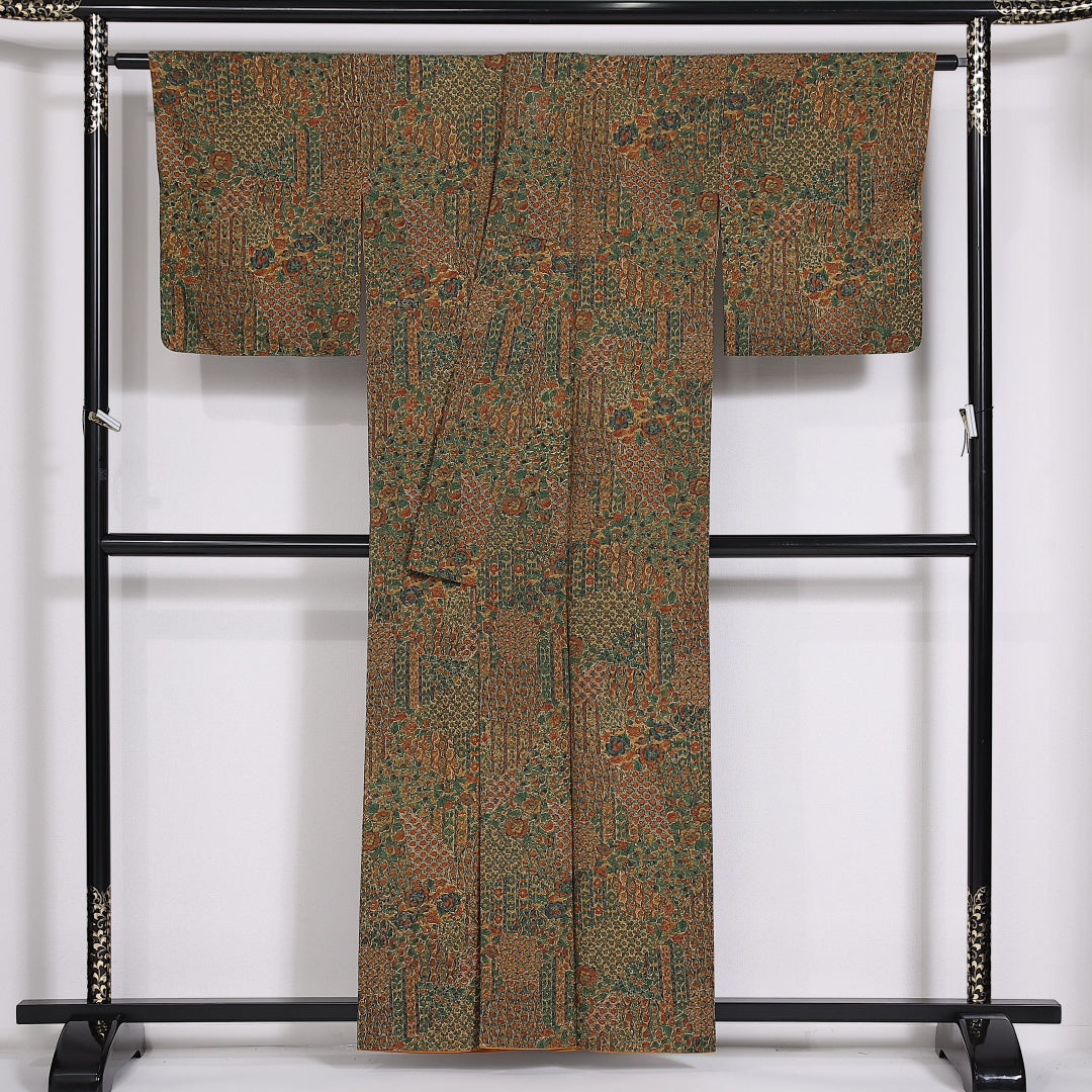 小紋 袷 身丈156cm 裄丈64cm 正絹 Aランク インフォーマル 広衿 Mサイズ 更紗 花柄 茶系 RP 1221-02480