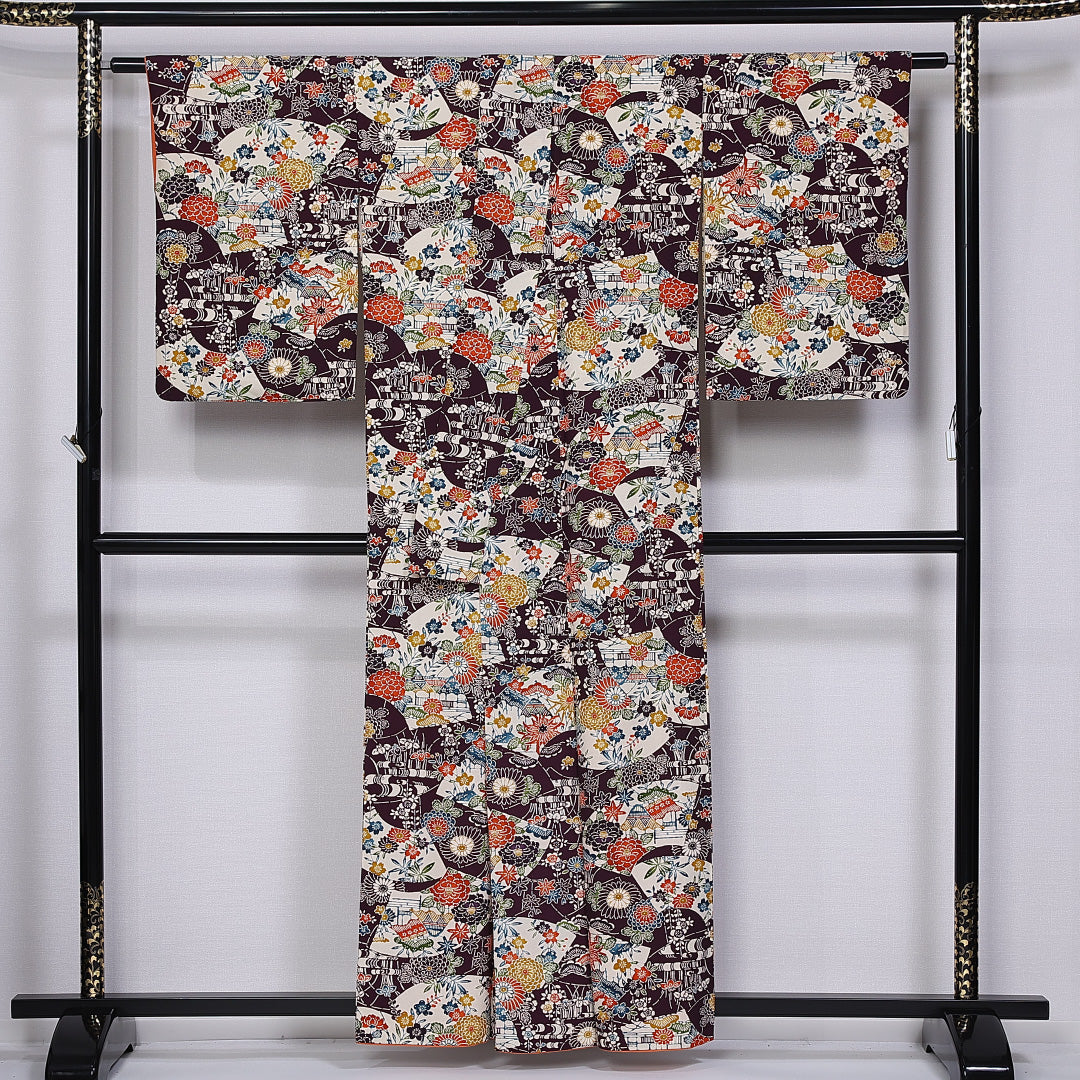 小紋 袷 身丈158cm 裄丈64cm 正絹 Aランク インフォーマル 広衿 Mサイズ 花扇 茶屋辻 紫系 RP 1221-11268