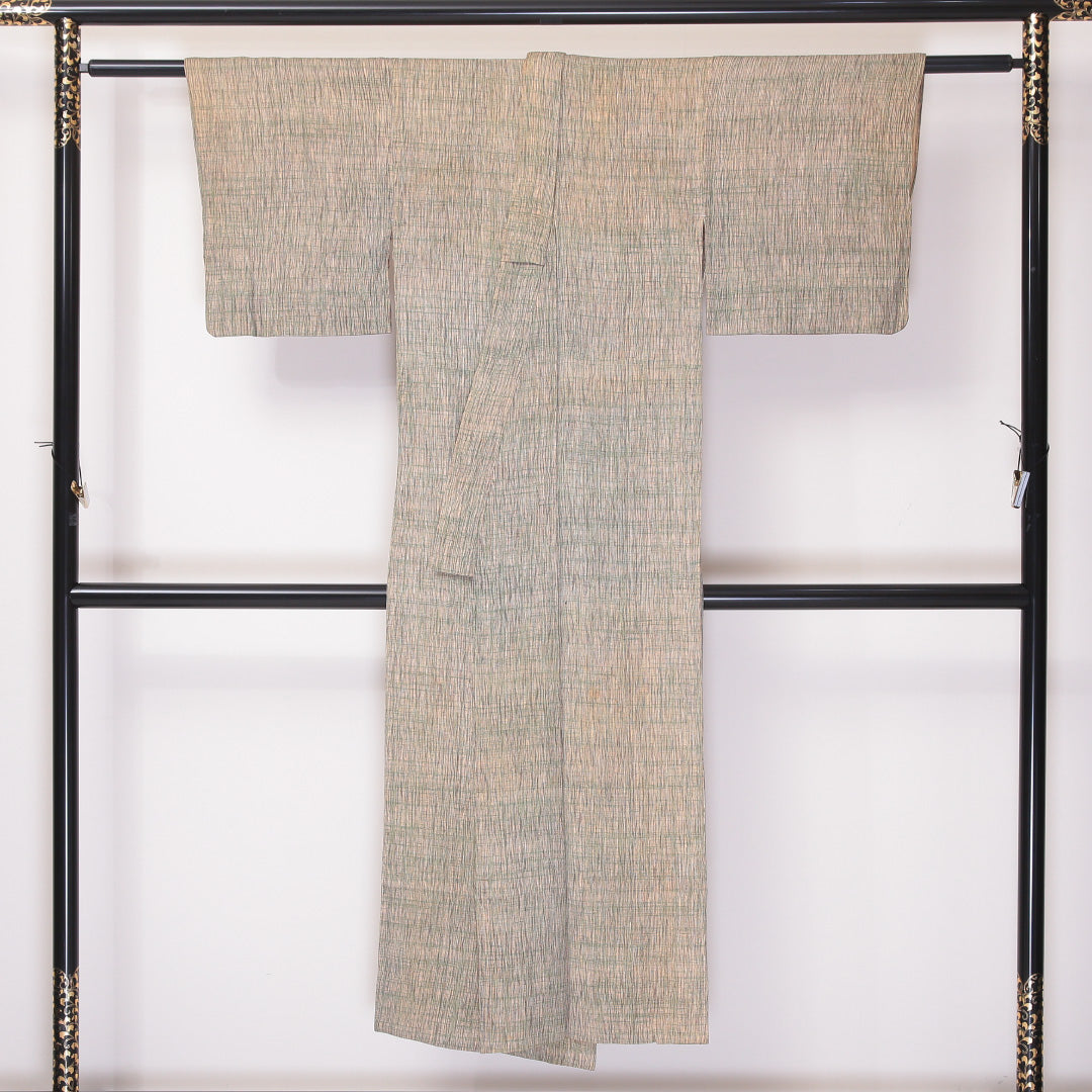 小紋 単衣 身丈143cm 裄59.5cm 正絹 夏着物 緑系 ちぢみ Cランク 1215-02268